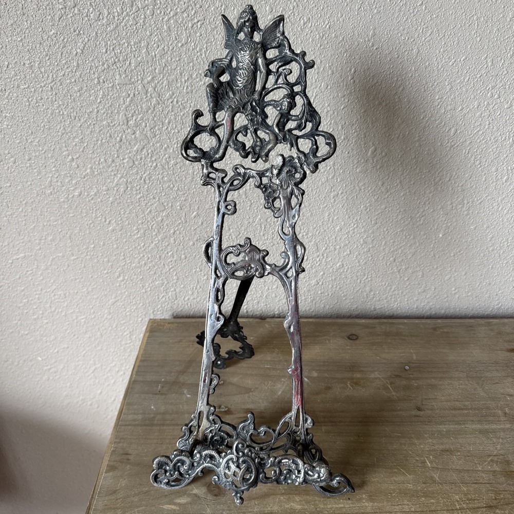 Vtg TABLE TOP PICTURE EASEL Silver on BRASS METAL Cupid Angel Baroque Rococo 20"